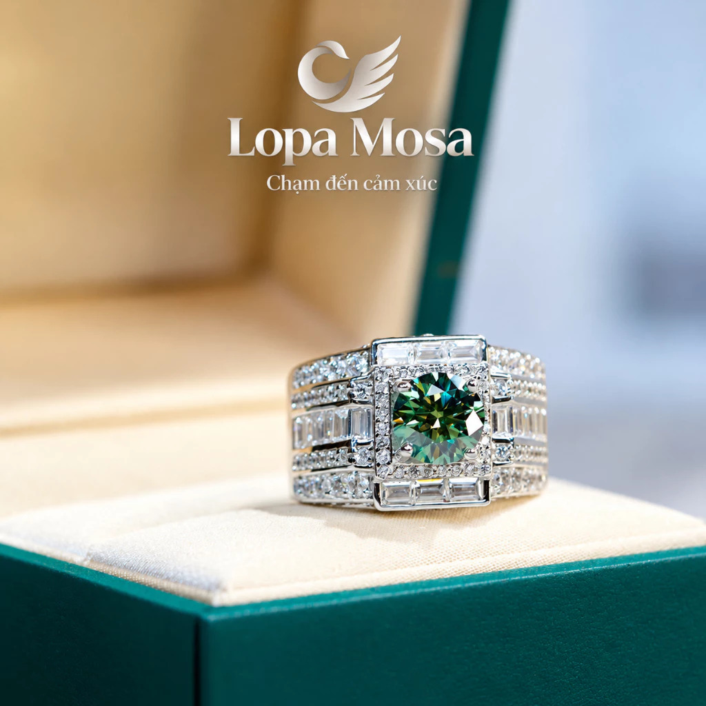 Nhẫn Nam Bạc 925 Chủ Moissanite 6.8mm LOPA MOSA RM0207 Màu Xanh Lá - image 2