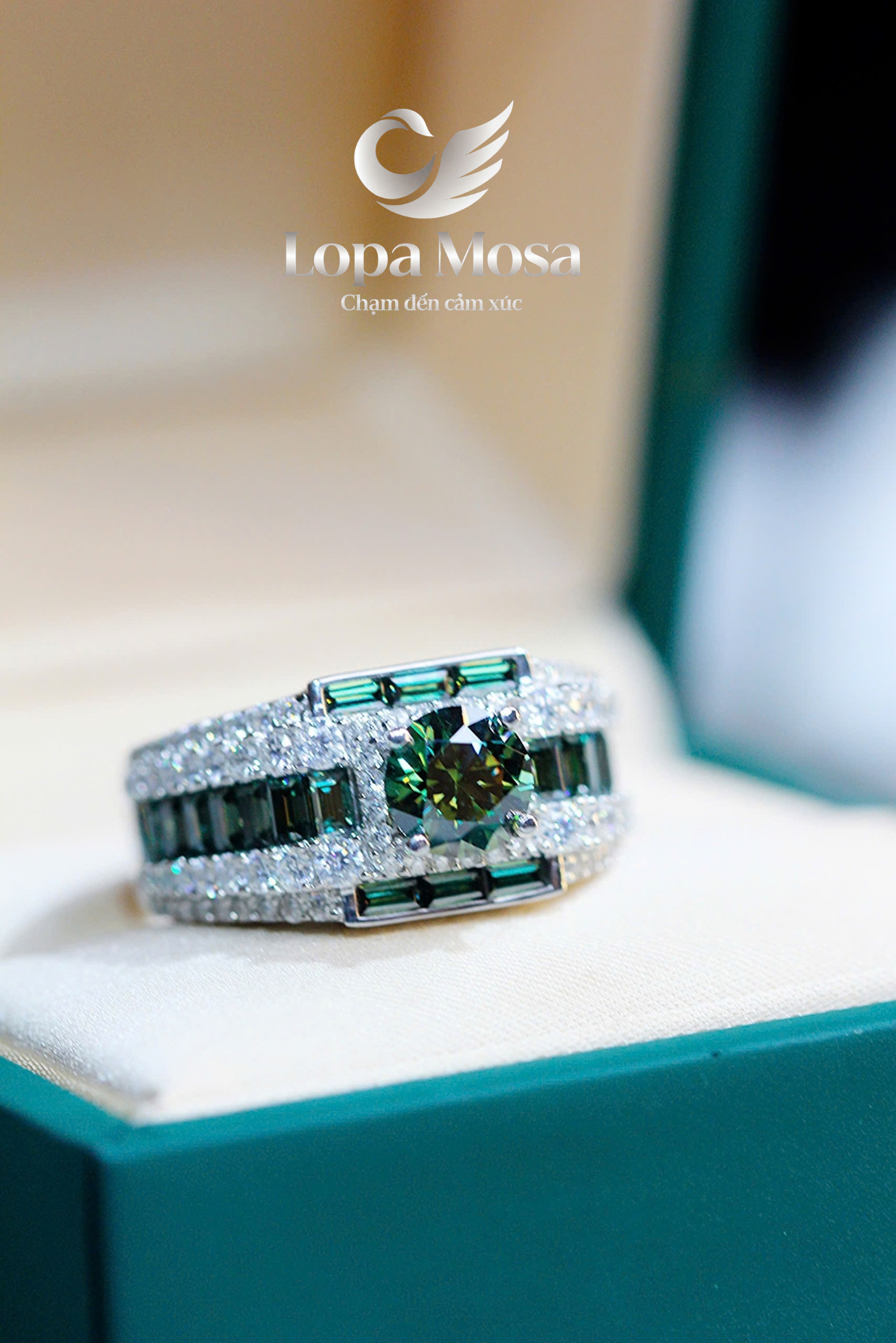 Nhẫn Nam Bạc 925 Đính Moissanite 6.8mm LOPA MOSA RM0207 Màu Xanh Lá - ảnh 2